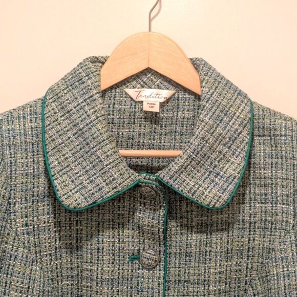 $5 Item! 90s Tradition 12P Petite Women's Turquoise and Green Woven Blazer - Picture 2 of 5